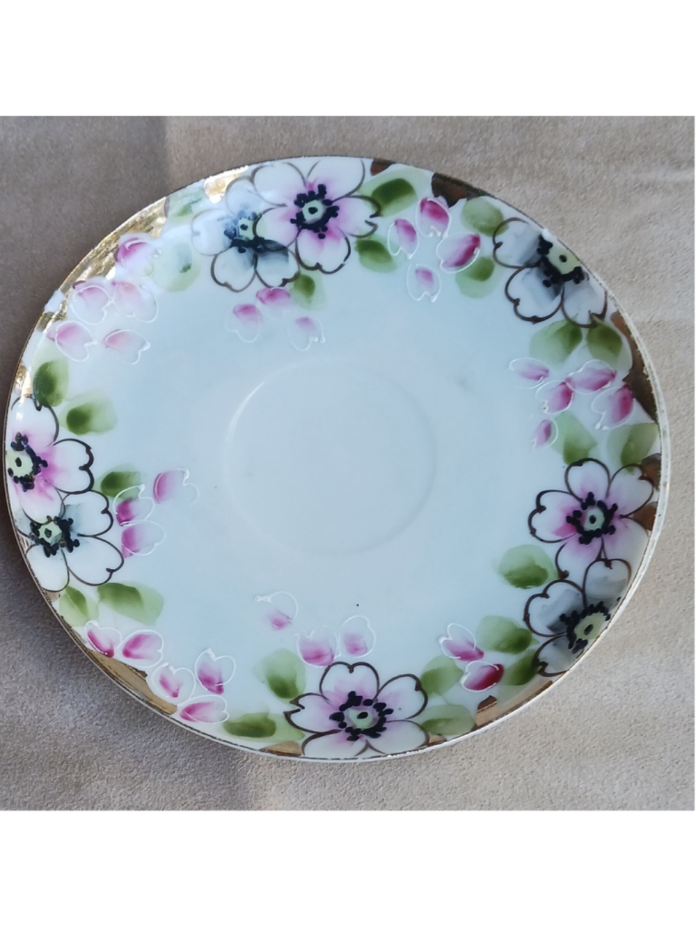 E-OH Hand Painted Nippon Floral Porcelain Saucer Set of 2 Gold Trim